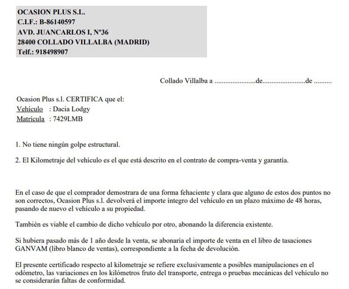 Foto del certificado del Dacia Lodgy Dacia Lodgy SL Aniversario Blue dCi  7 Plazas  (115 CV)