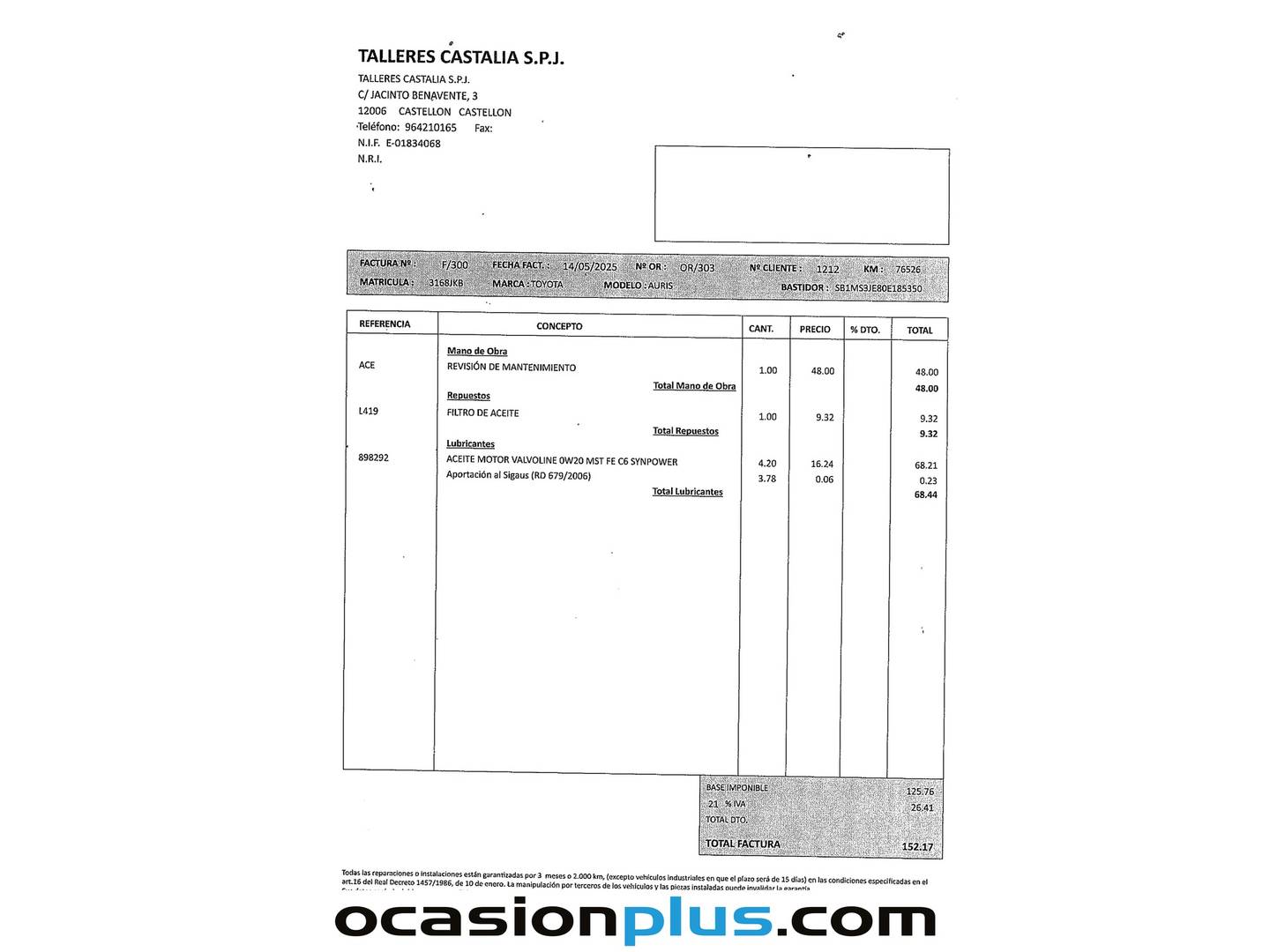 Foto del mantenimiento del Toyota Auris Toyota Auris 140H Hybrid Active (136 CV)