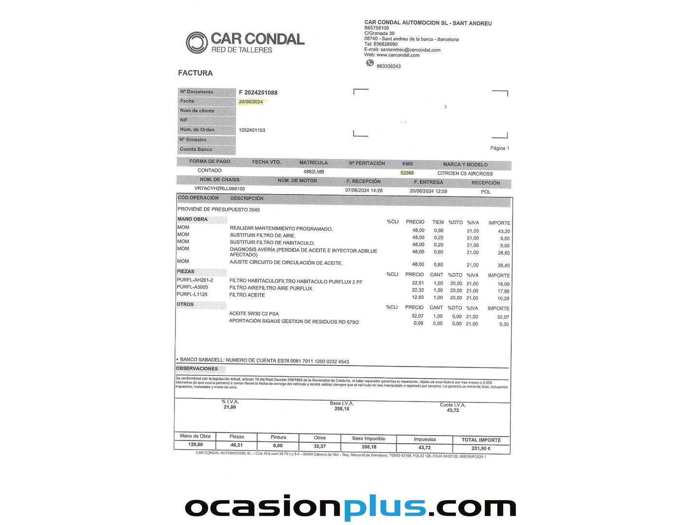 Foto del mantenimiento del Citroën C5 Aircross Citroën C5 Aircross BlueHdi 130 S&S Shine EAT8 (131 CV)
