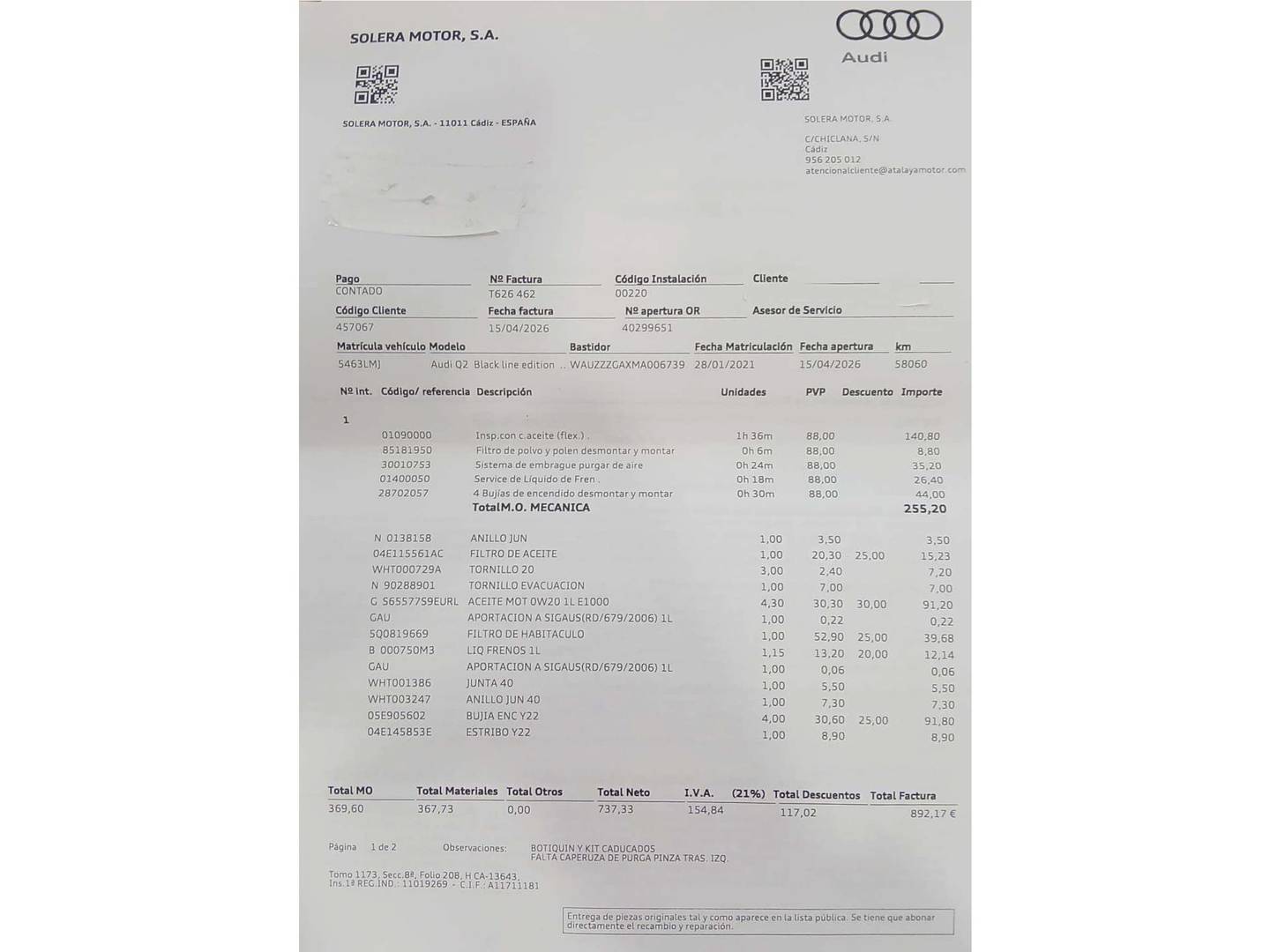 Foto del mantenimiento del Audi Q2 Audi Q2 Black line 35 TFSI (150 CV) Pack S-Line