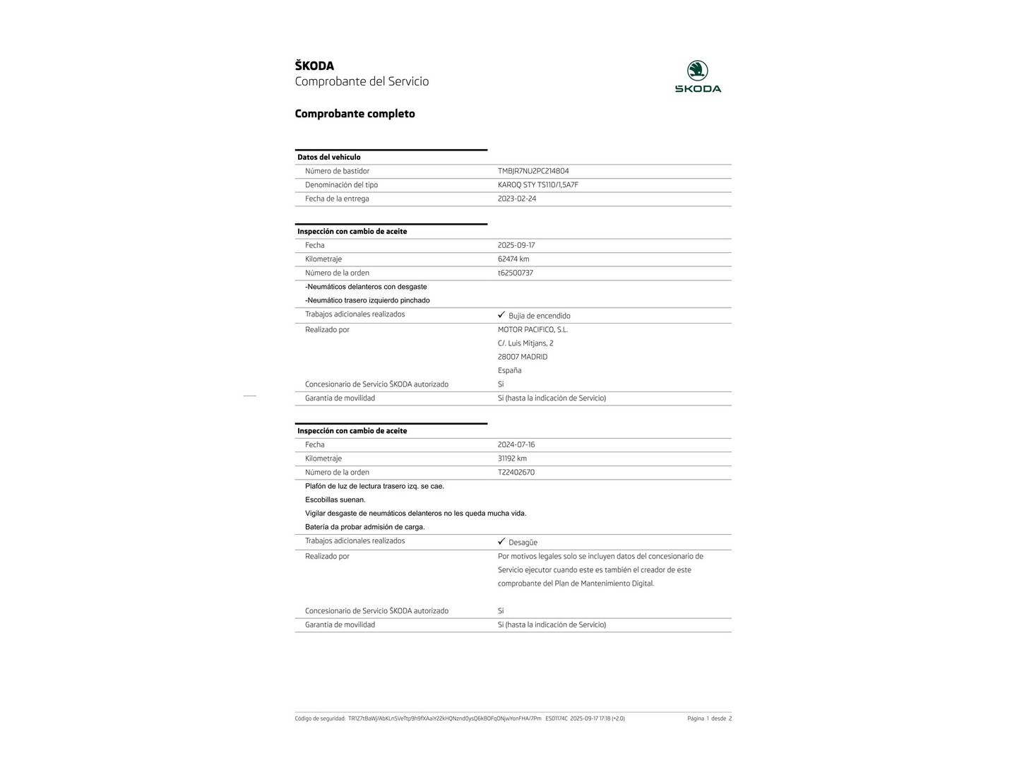 Foto del mantenimiento del Skoda Karoq Skoda Karoq 1.5 TSI ACT Style DSG (150 CV)