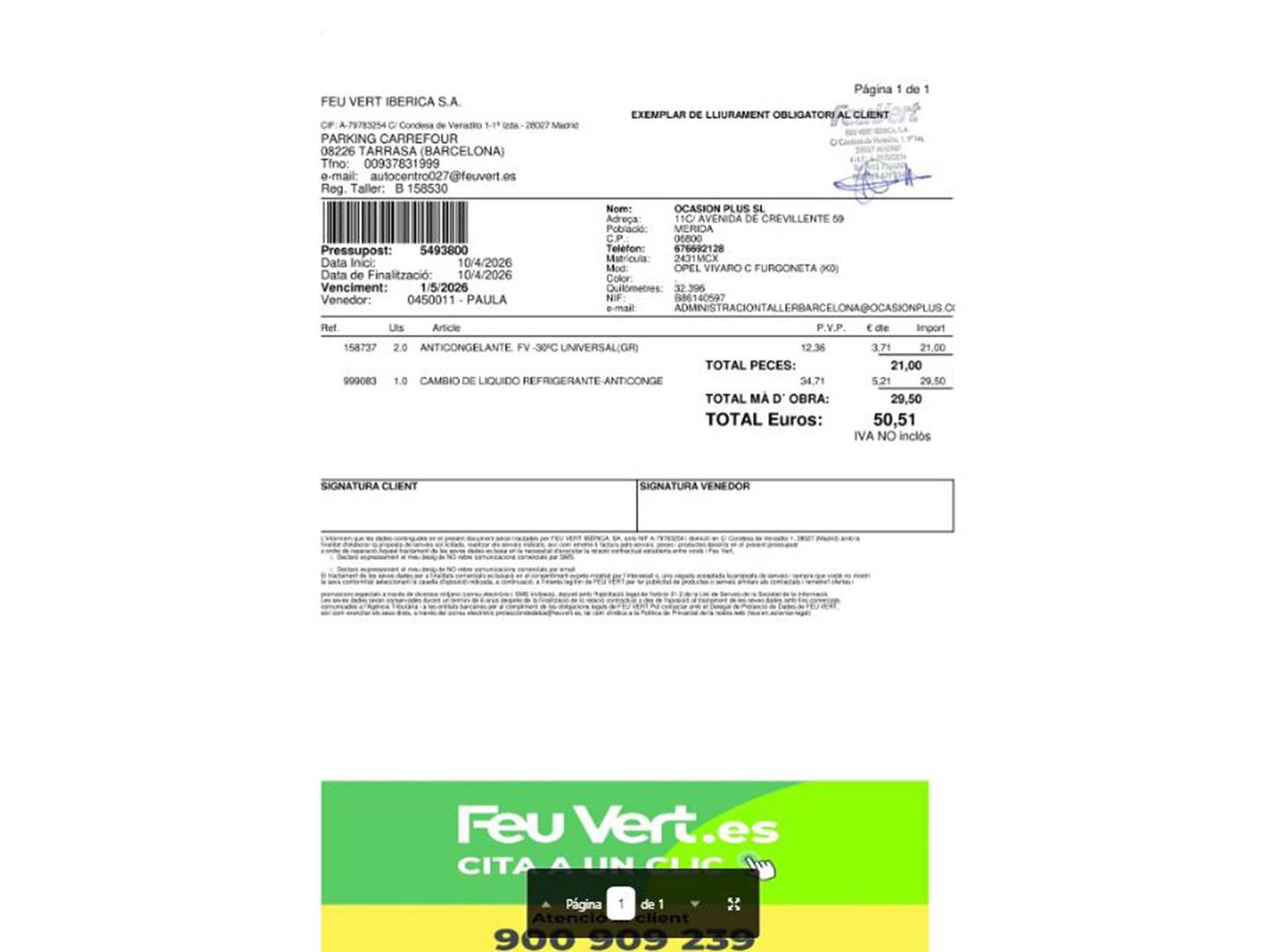 Foto del mantenimiento del Opel Vivaro Opel Vivaro Furgon 1.5 Diésel L Incrementada Select (102 CV)