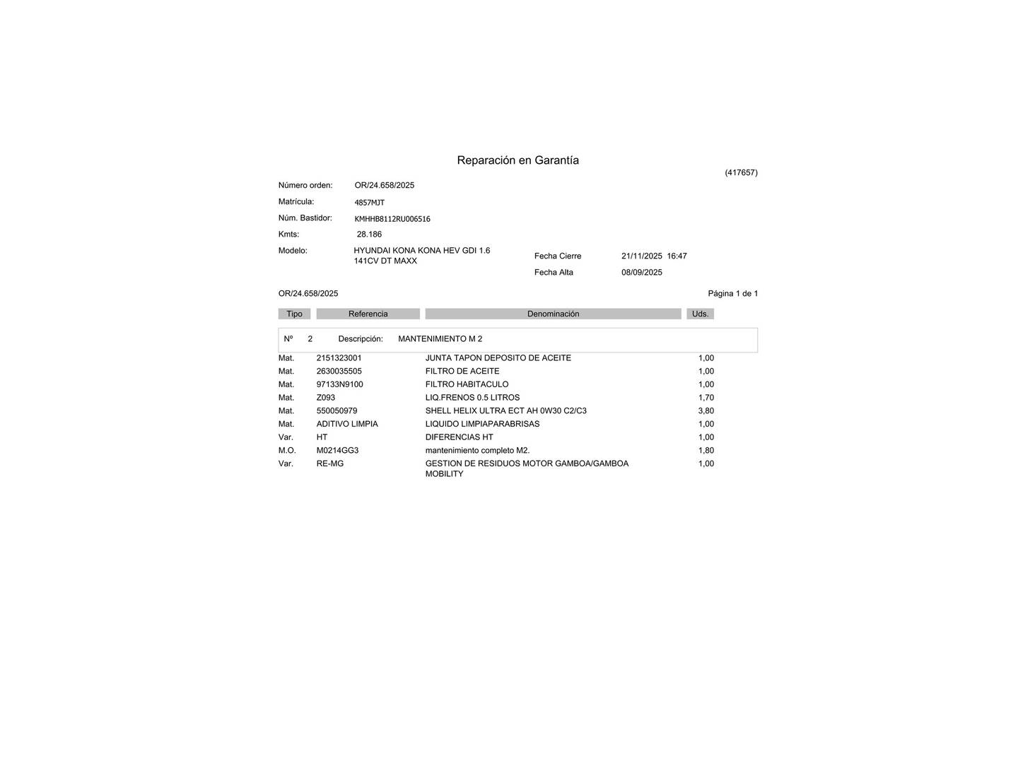 Foto del mantenimiento del Hyundai Kona Hyundai Kona 1.6 GDI HEV Maxx DCT (141 CV)