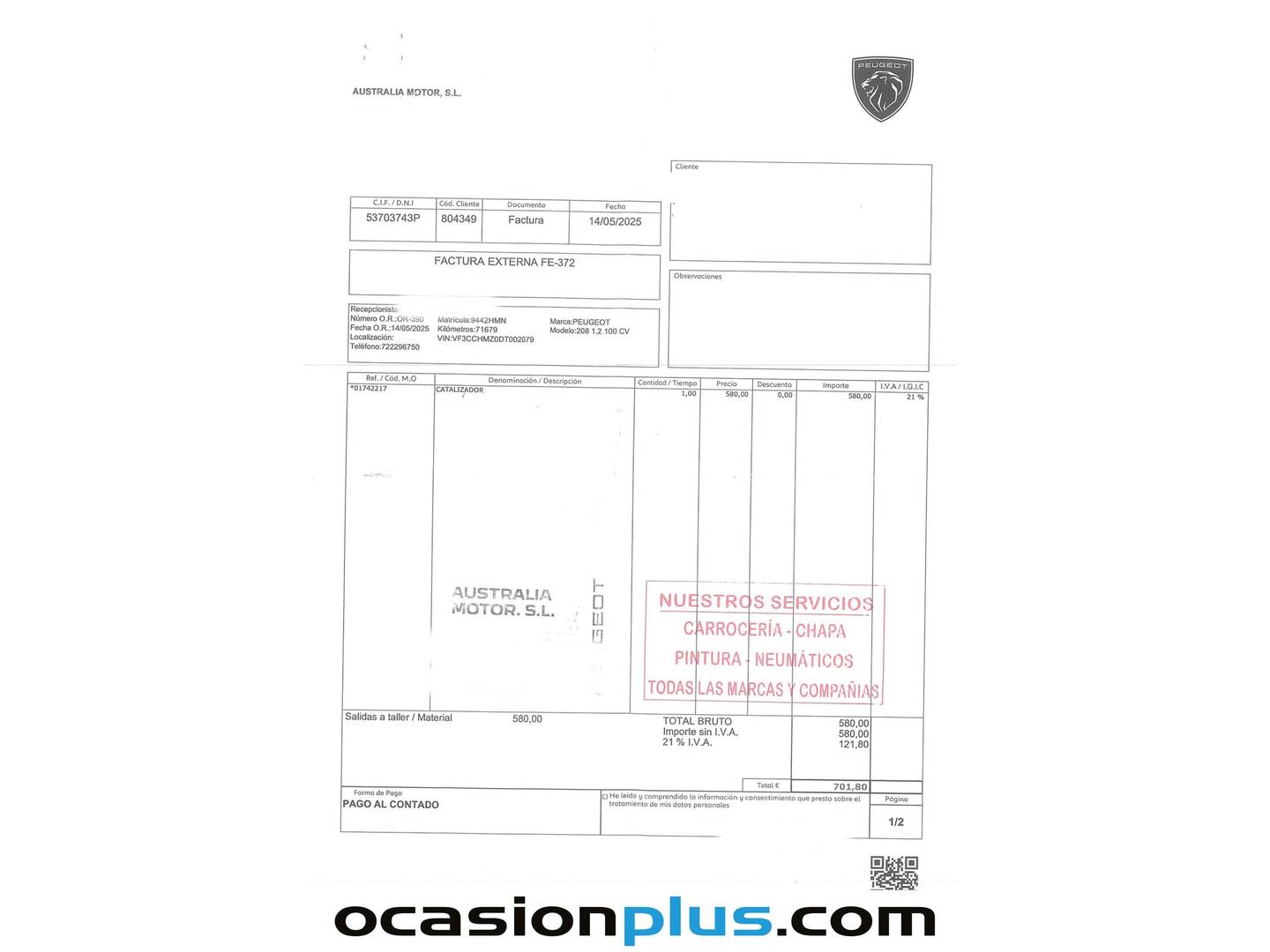 Foto del mantenimiento del Peugeot 208 Peugeot 208 1.2 VTi Active (82 CV)