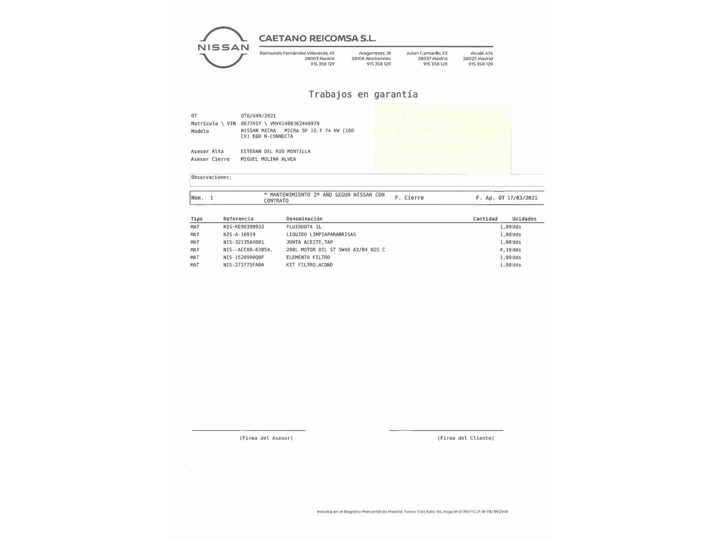 Foto del mantenimiento del Nissan Micra Nissan Micra IG-T N-Connecta (100 CV)