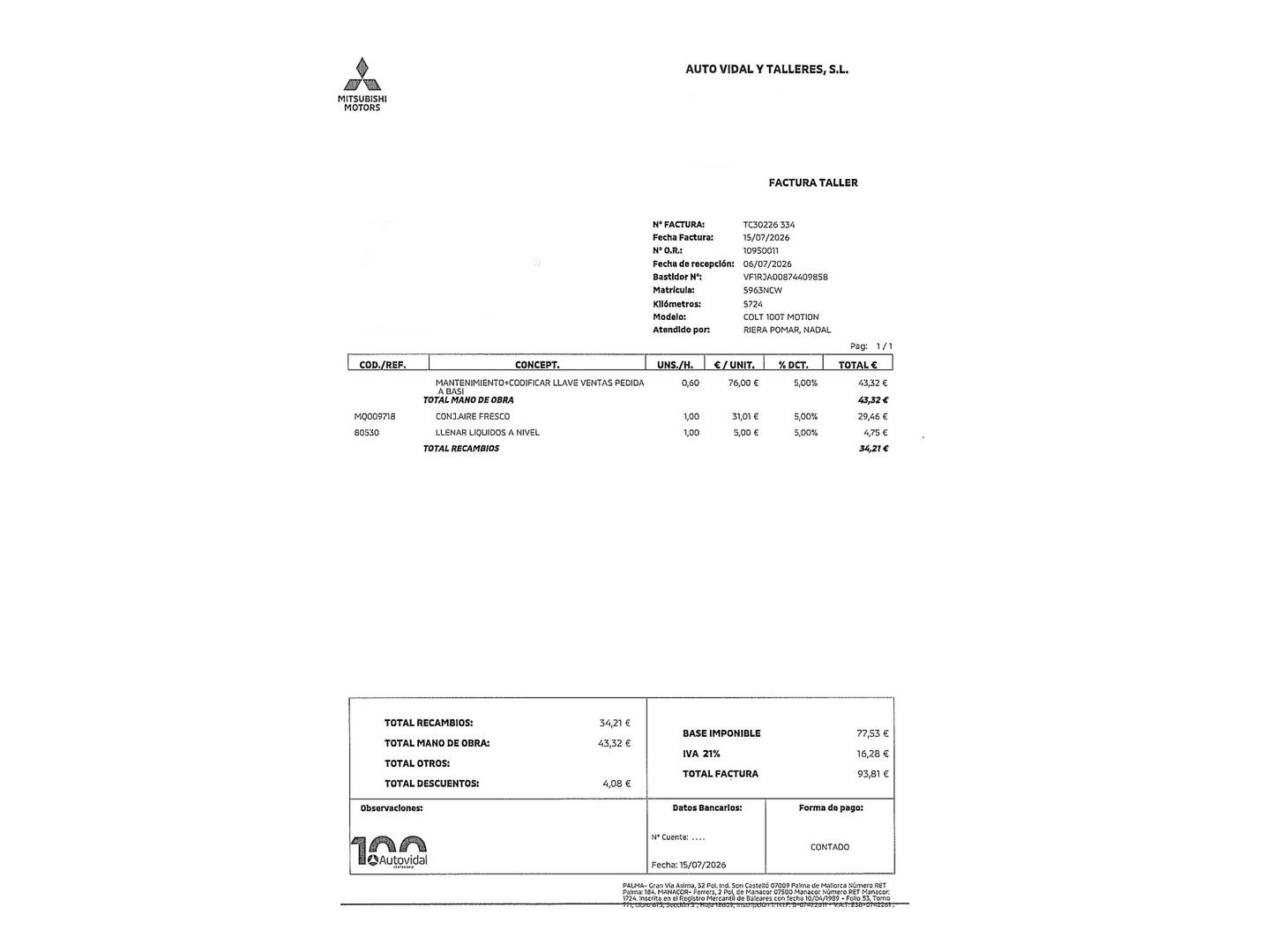 Foto del mantenimiento del Mitsubishi Colt Mitsubishi Colt 100T Motion (90 CV)