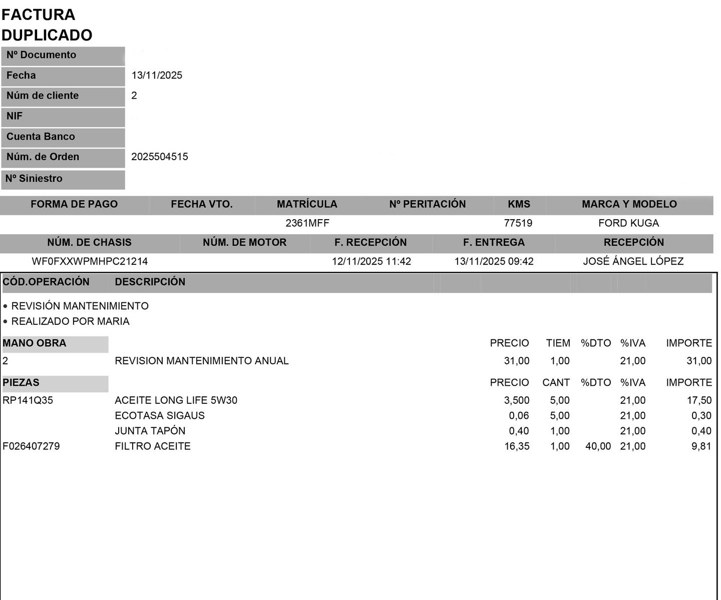 Foto del mantenimiento del Ford Kuga Ford Kuga 2.5 Duratec PHEV ST-Line X Auto (225 CV)