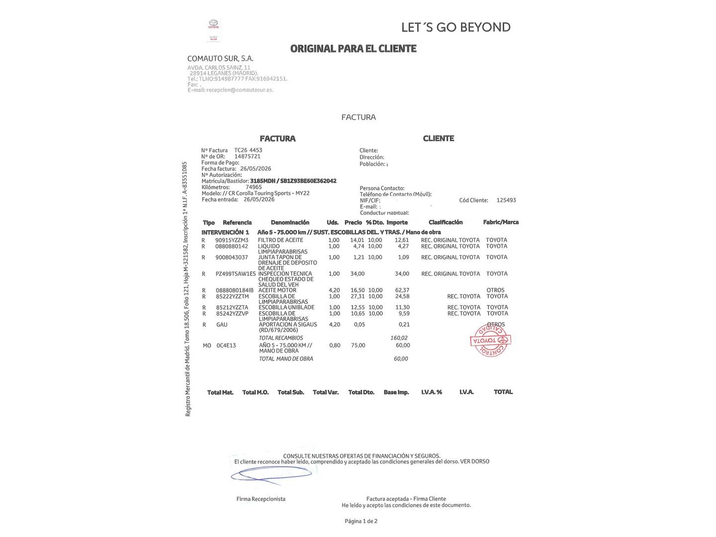 Foto del mantenimiento del Toyota Corolla Toyota Corolla Touring Sport 125H Style E-CVT (122 CV)
