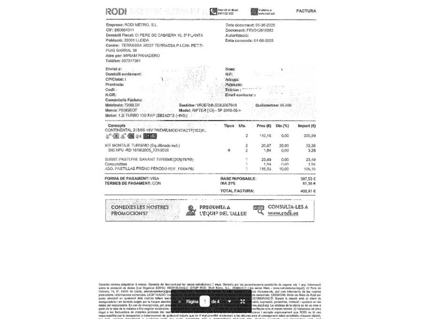 Foto del mantenimiento del Peugeot Rifter Peugeot Rifter Allure Standard PureTech EAT8 (130 CV)