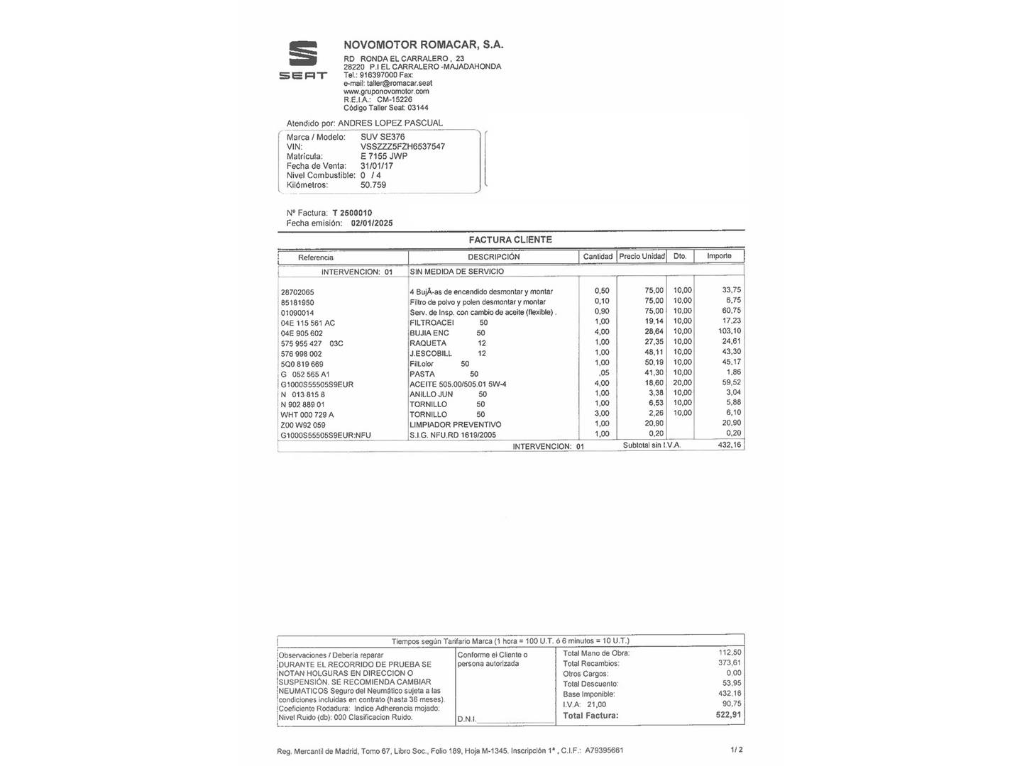Foto del mantenimiento del Seat Ateca Seat Ateca 1.4 EcoTSI S&S Xcellence DSG (150 CV)