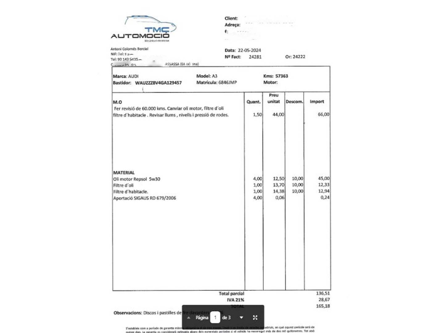 Foto del mantenimiento del Audi A3 Audi A3 Sportback Advanced 1.2 TFSI (110 CV)