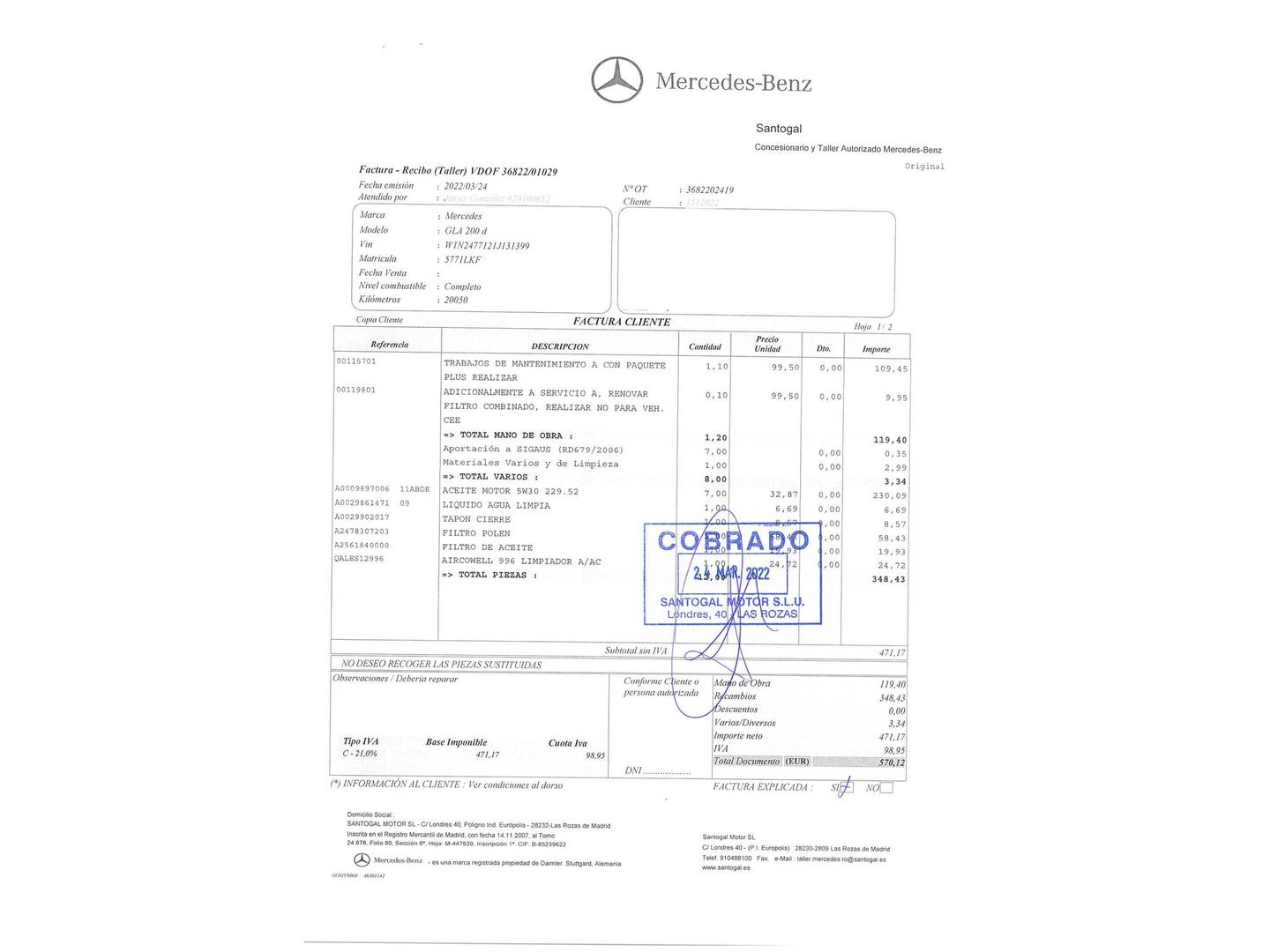 Foto del mantenimiento del Mercedes GLA Mercedes GLA 200 d (150 CV) Pack AMG