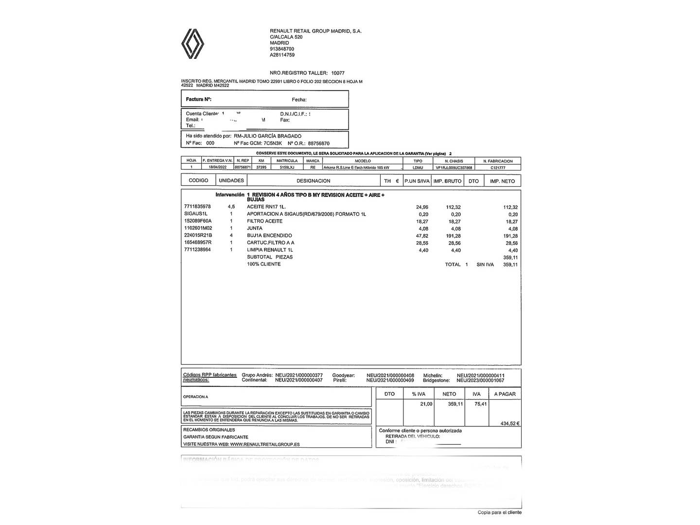 Foto del mantenimiento del Renault Arkana Renault Arkana RS Line E-Tech Híbrido (145 CV)