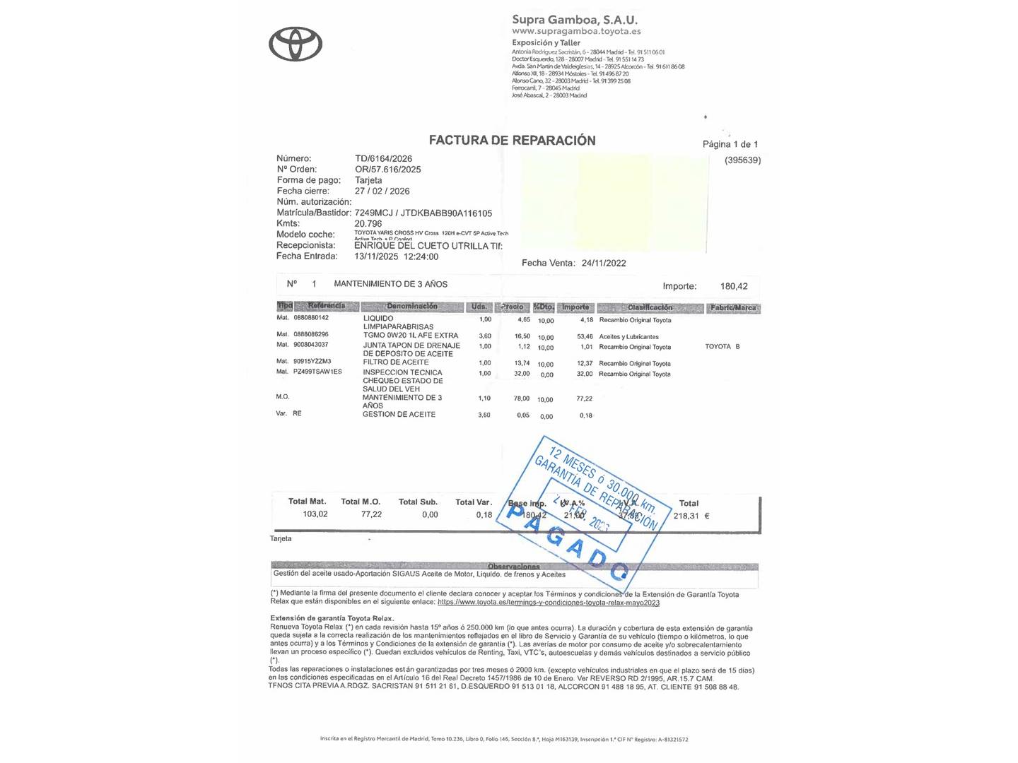 Foto del mantenimiento del Toyota Yaris Cross Toyota Yaris Cross 120H Active Tech Pack Confort (116 CV)