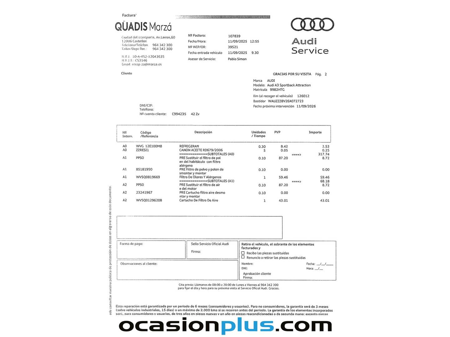 Foto del mantenimiento del Audi A3 Audi A3 Sportback Attraction Edición especial 1.6 TDI (105 CV)