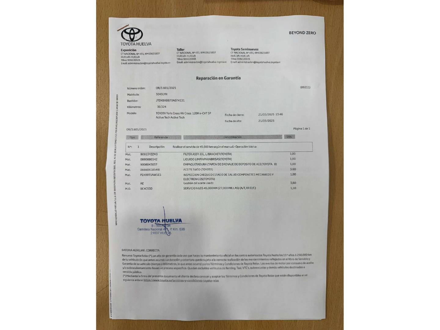 Foto del mantenimiento del Toyota Yaris Cross Toyota Yaris Cross 120H Active Tech (116 CV)