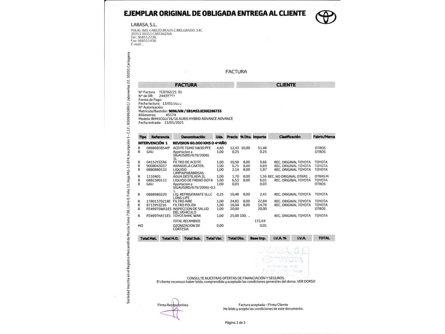 Foto del mantenimiento del Toyota Auris Toyota Auris 140H Hybrid Advance (136 CV)
