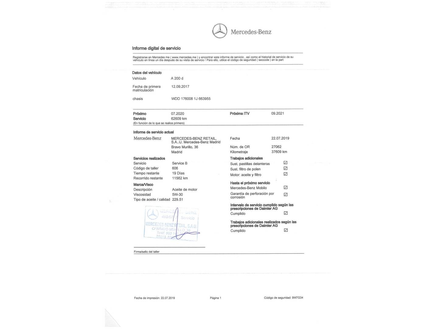 Foto del mantenimiento del Mercedes Clase A Mercedes Clase A Clase A 200 d (136 CV) Pack AMG