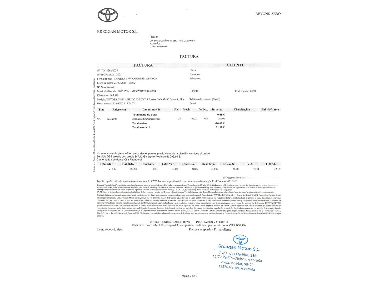 Foto del mantenimiento del Toyota C-HR Toyota C-HR 1.8 125H Advance (122 CV)