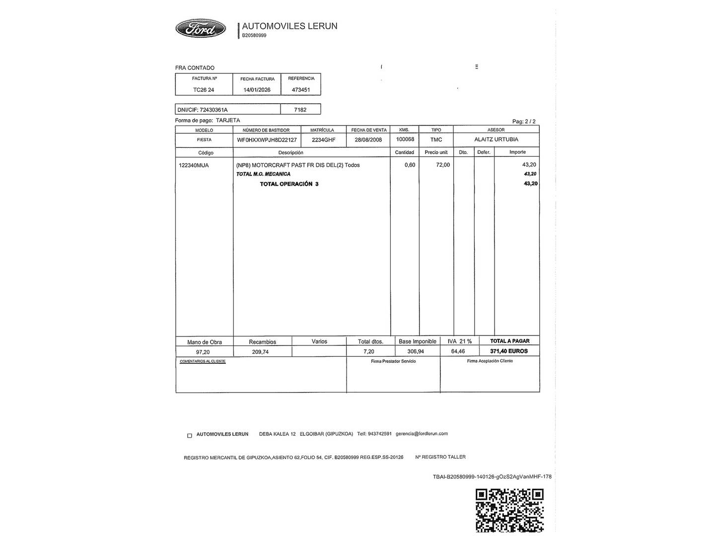 Foto del mantenimiento del Ford Fiesta Ford Fiesta 1.4 TDCI Ambiente (68 CV)