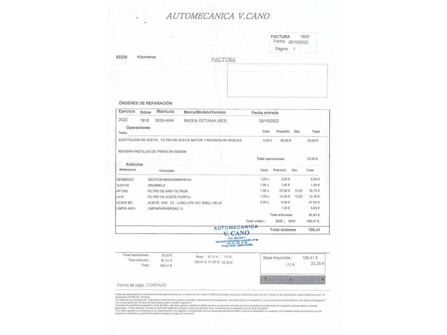 Foto del mantenimiento del Skoda Octavia Skoda Octavia 1.6 TDI CR Ambition DSG (105 CV)