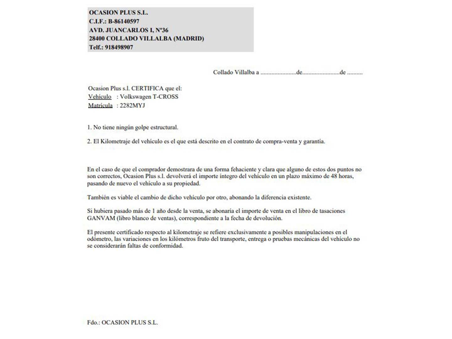 Foto del certificado del Volkswagen T-Cross Volkswagen T-Cross ``Más`` 1.0 TSI  (116 CV)