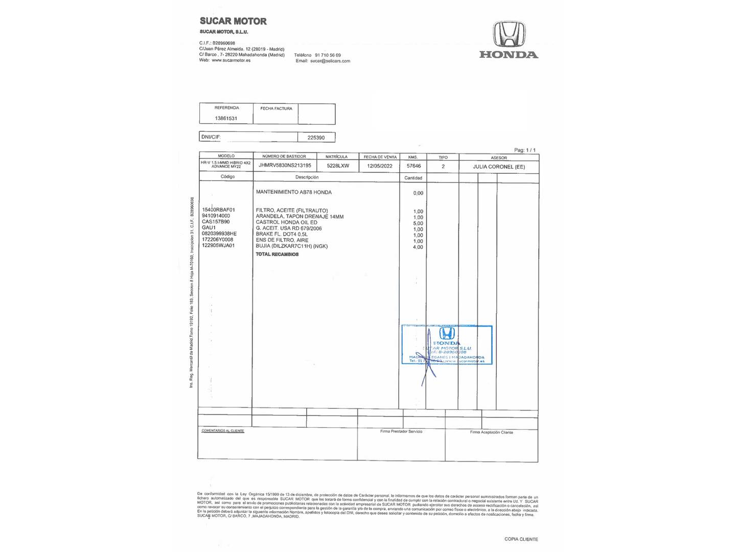 Foto del mantenimiento del Honda HR-V Honda HR-V 1.5 i-MMD Advance 4x2 Auto (131 CV)