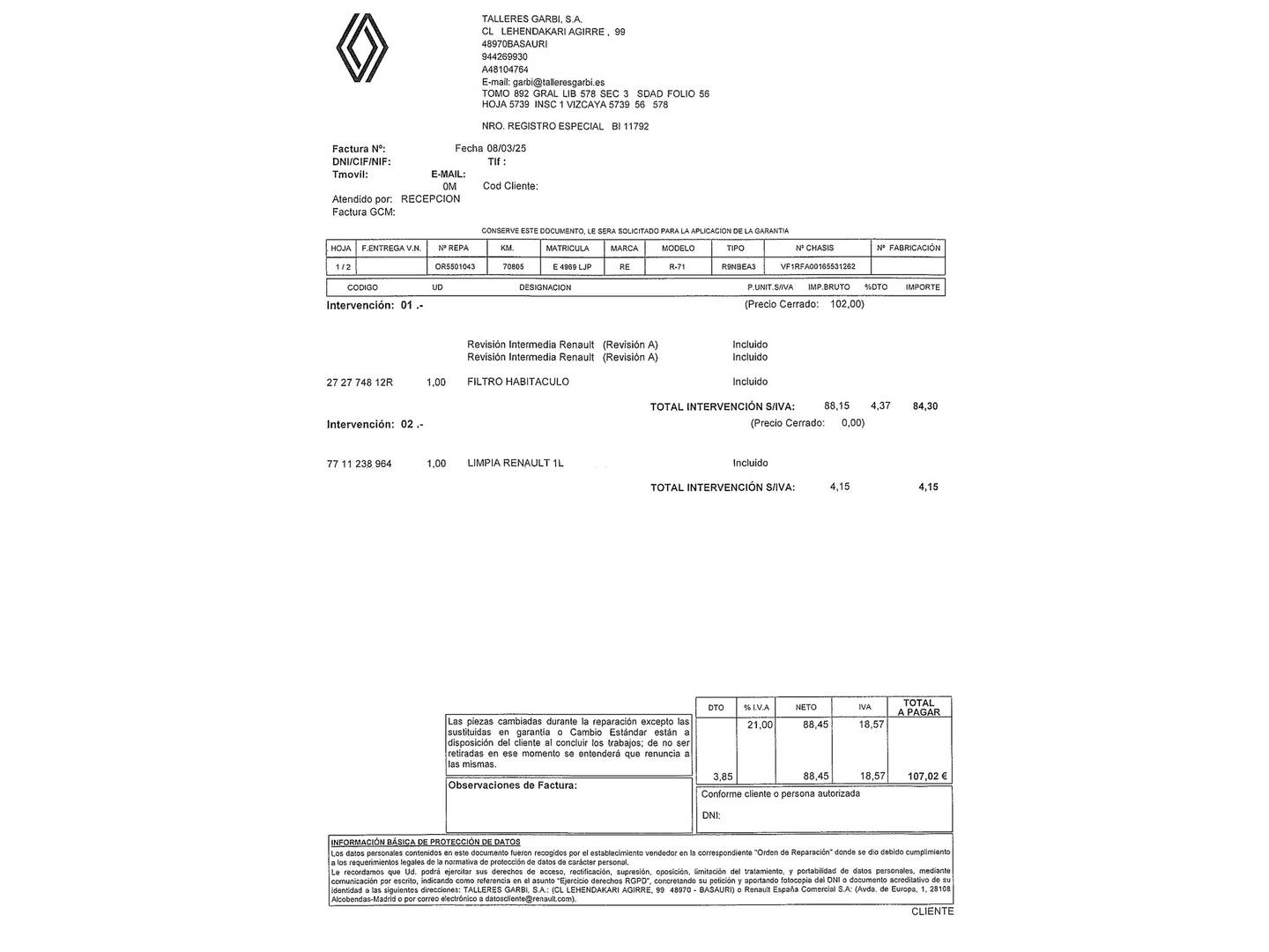Foto del mantenimiento del Renault Grand Scénic Renault Grand Scenic Zen TCe (140 CV) GPF 7 Plazas