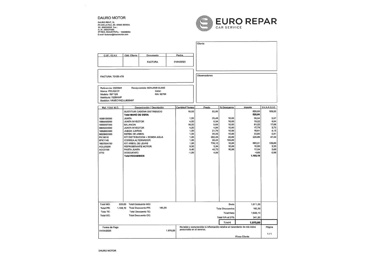 Foto del mantenimiento del Peugeot Rifter Peugeot Rifter BlueHDi 130 Active Standard (130 CV)