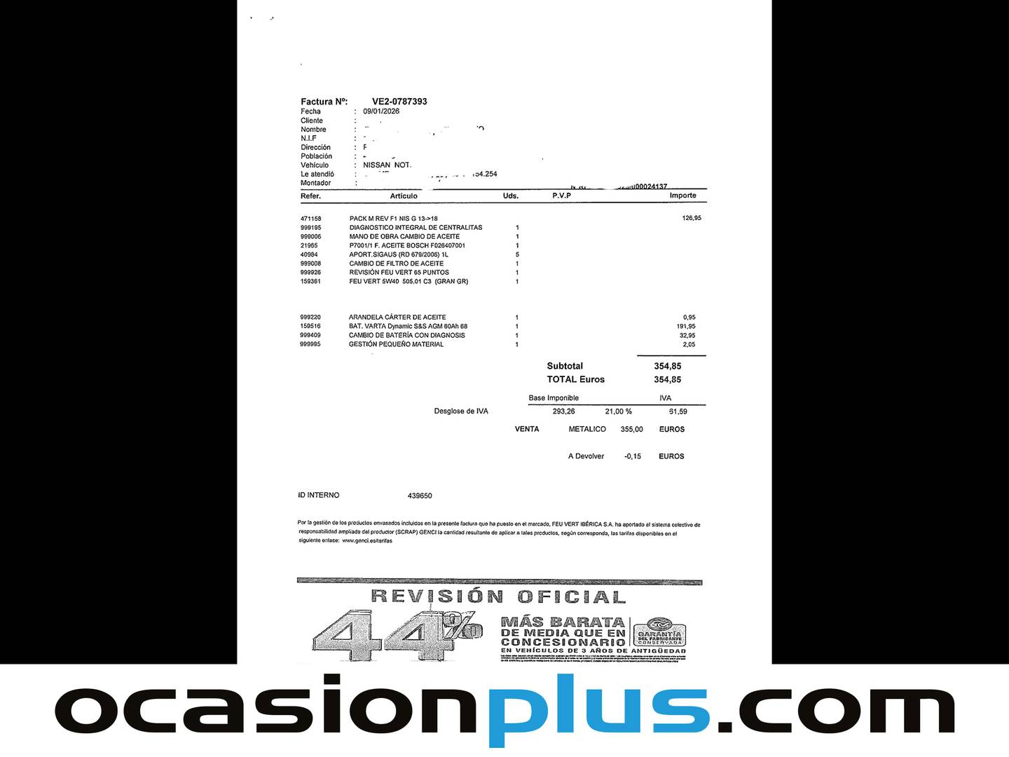 Foto del mantenimiento del Nissan NOTE Nissan Note 1.2 Naru Edition (80 CV)