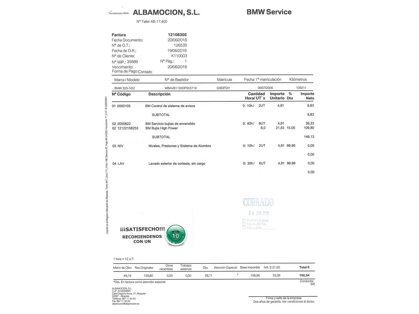 Foto del mantenimiento del BMW Serie 3 BMW Serie 3 325i (218 CV)
