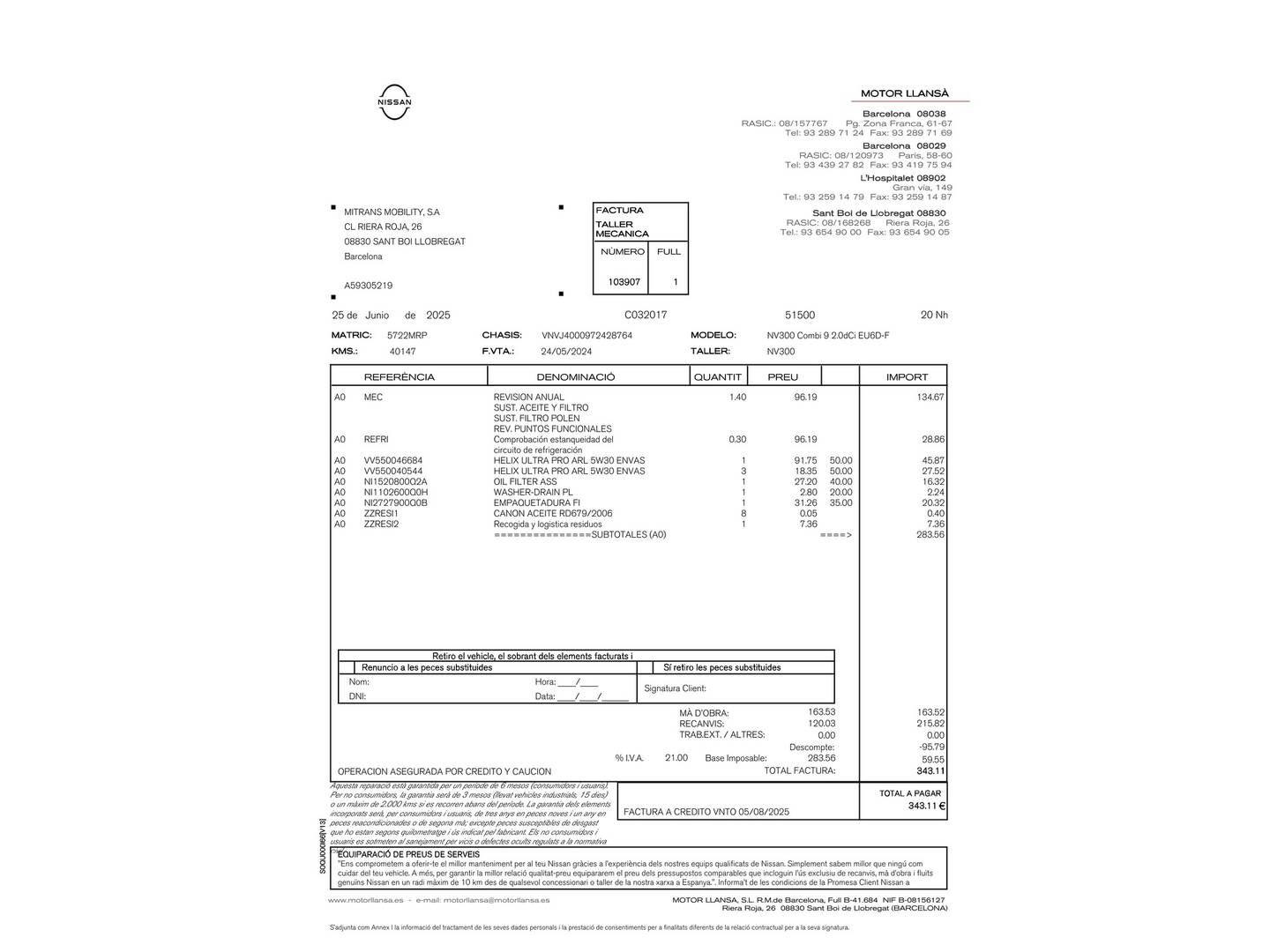 Foto del mantenimiento del Nissan Primastar Nissan Primastar 2.0 dCi Acenta L1H1 1T (150 CV)