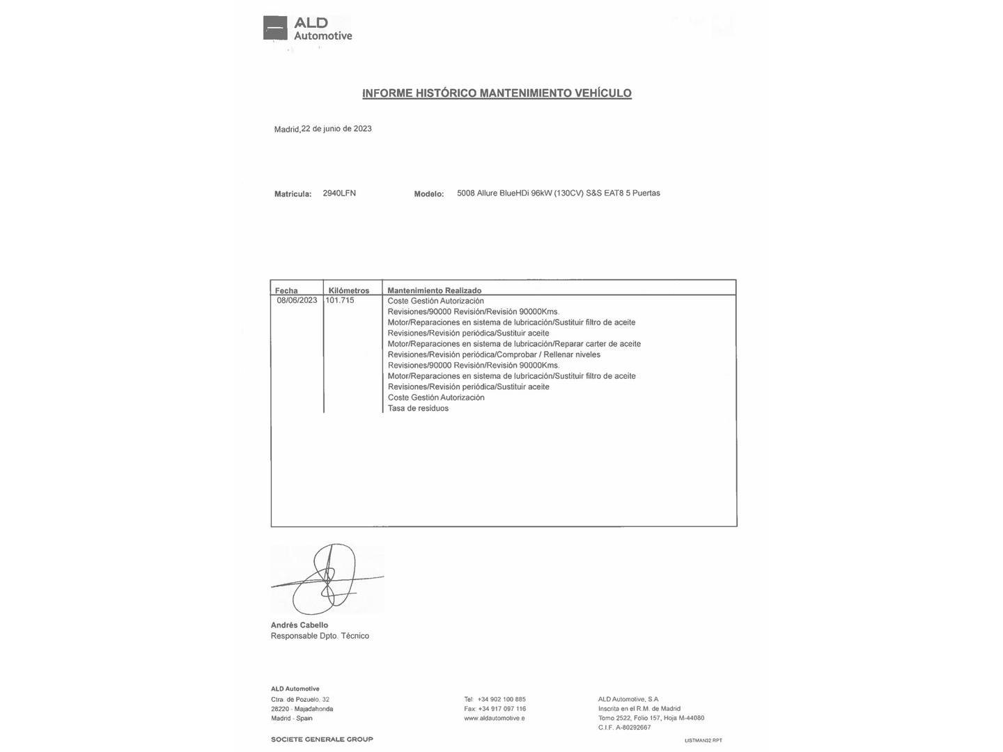 Foto del mantenimiento del Peugeot 5008 Peugeot 5008 BlueHDi 130 S&S Allure EAT8 (130 CV) 7 Plazas