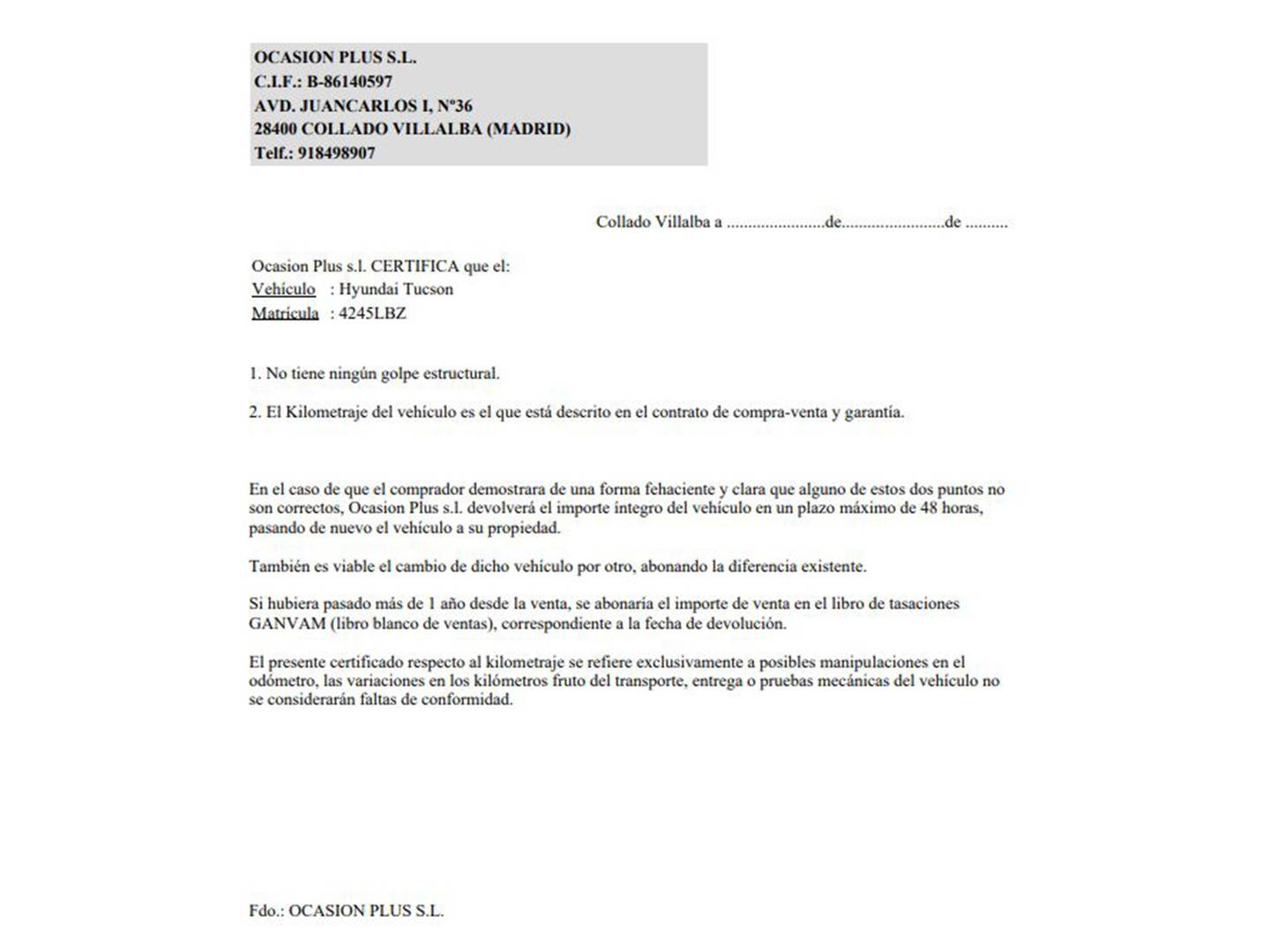 Foto del certificado del Hyundai Tucson Hyundai Tucson 1.6 CRDI 48V N-Line 4x2 (136 CV)