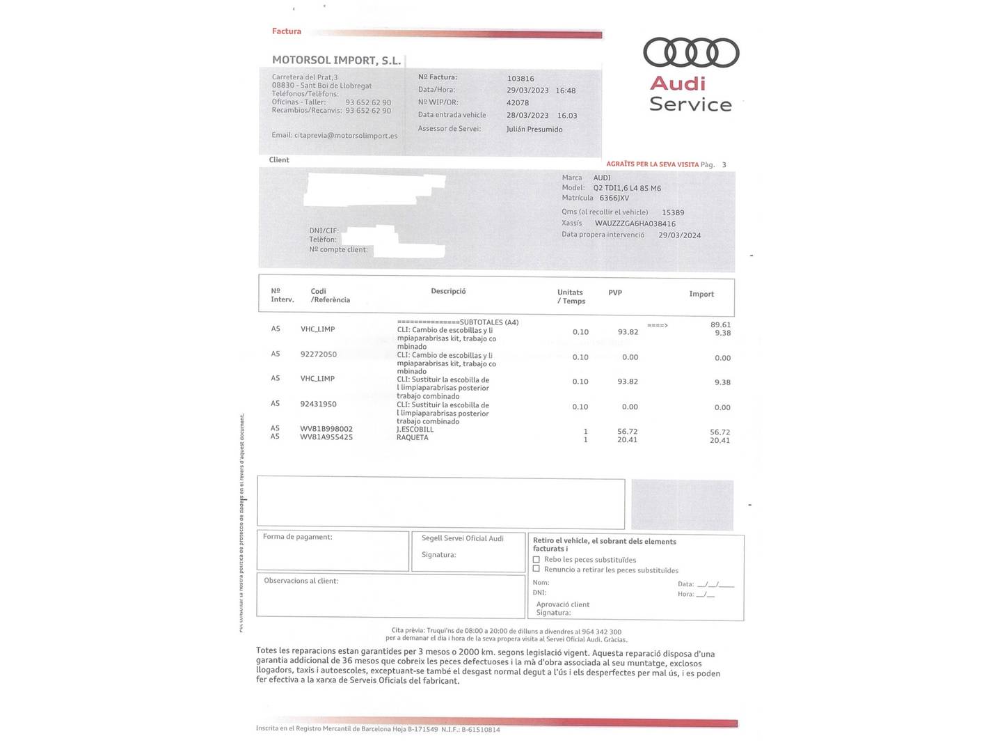 Foto del mantenimiento del Audi Q2 Audi Q2 sport edition 1.6 TDI (116 CV)