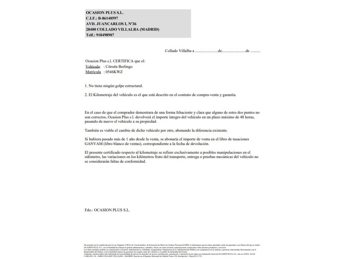 Foto del certificado del Citroën Berlingo Citroën Berlingo BlueHDi 130 S&S Talla M Shine (130 CV)