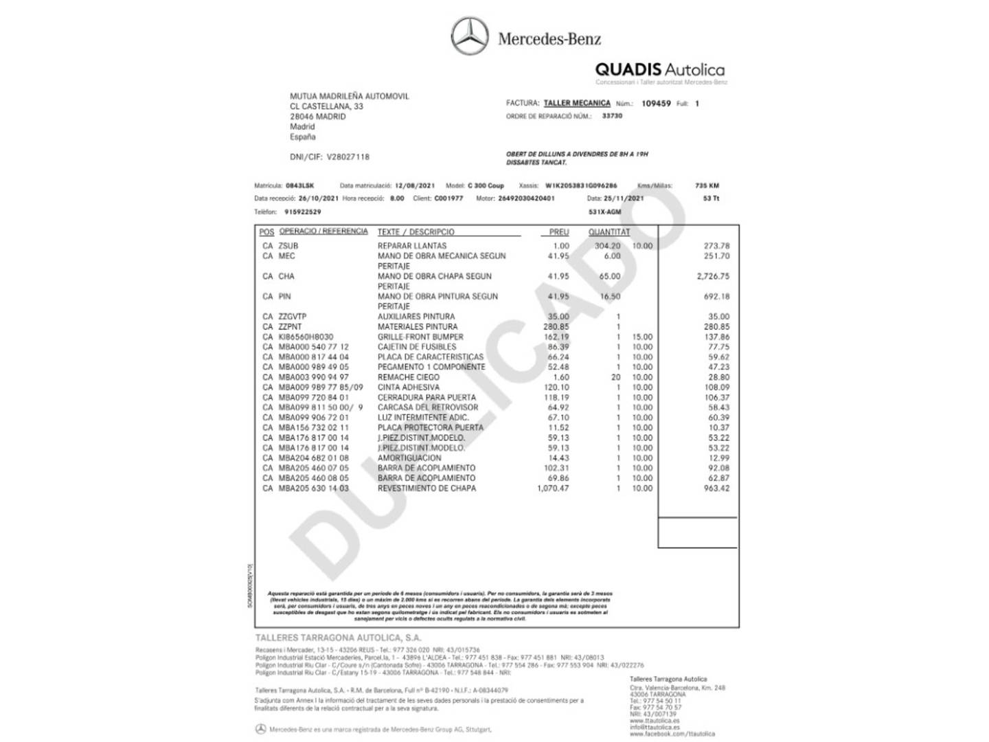 Foto del mantenimiento del Mercedes Clase C Mercedes-Benz Clase C C Coupe 300 (258 CV)