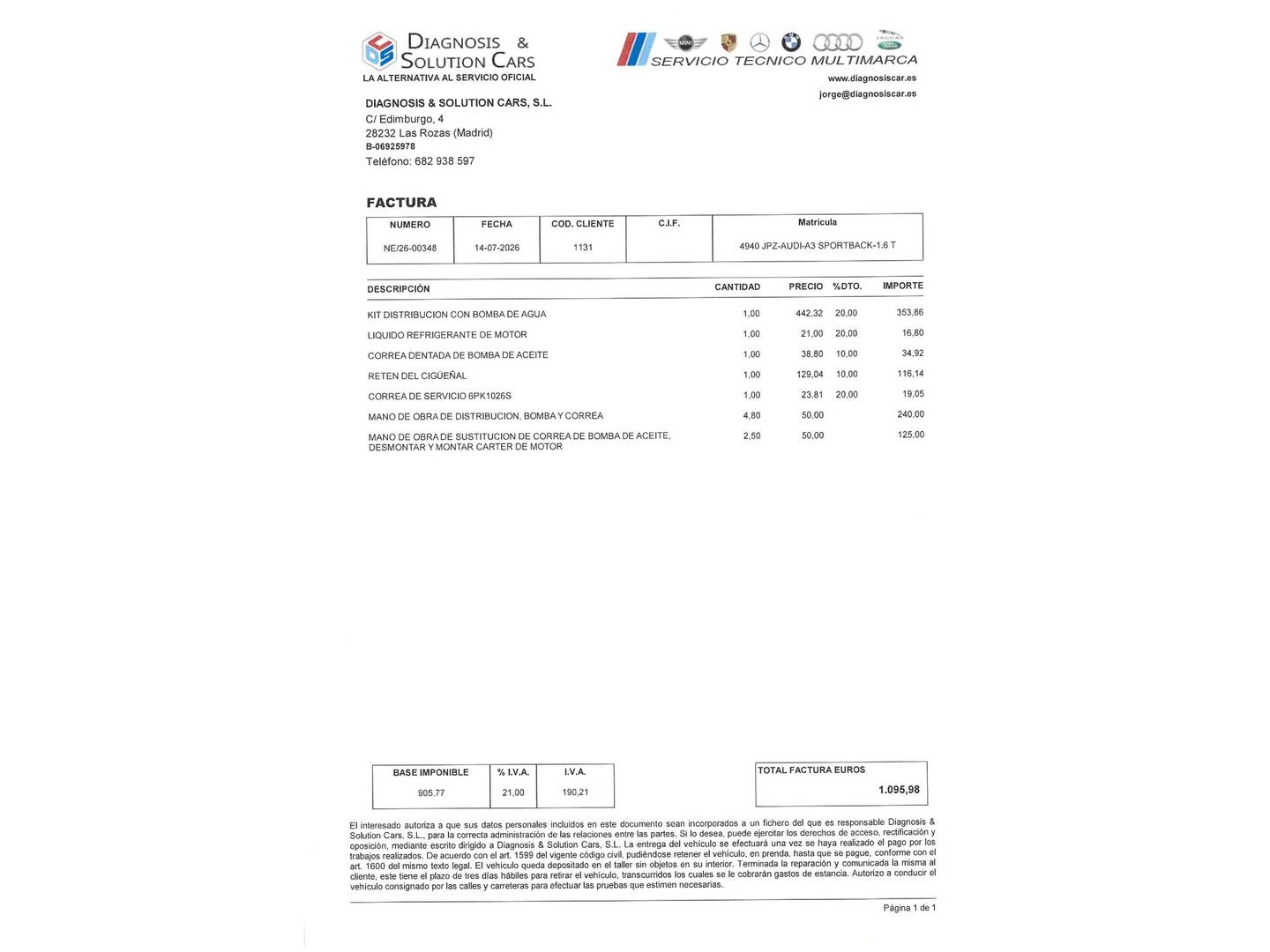 Foto del mantenimiento del Audi A3 Sportback Audi A3 Sportback Advanced 1.6 TDI clean diesel (110 CV)