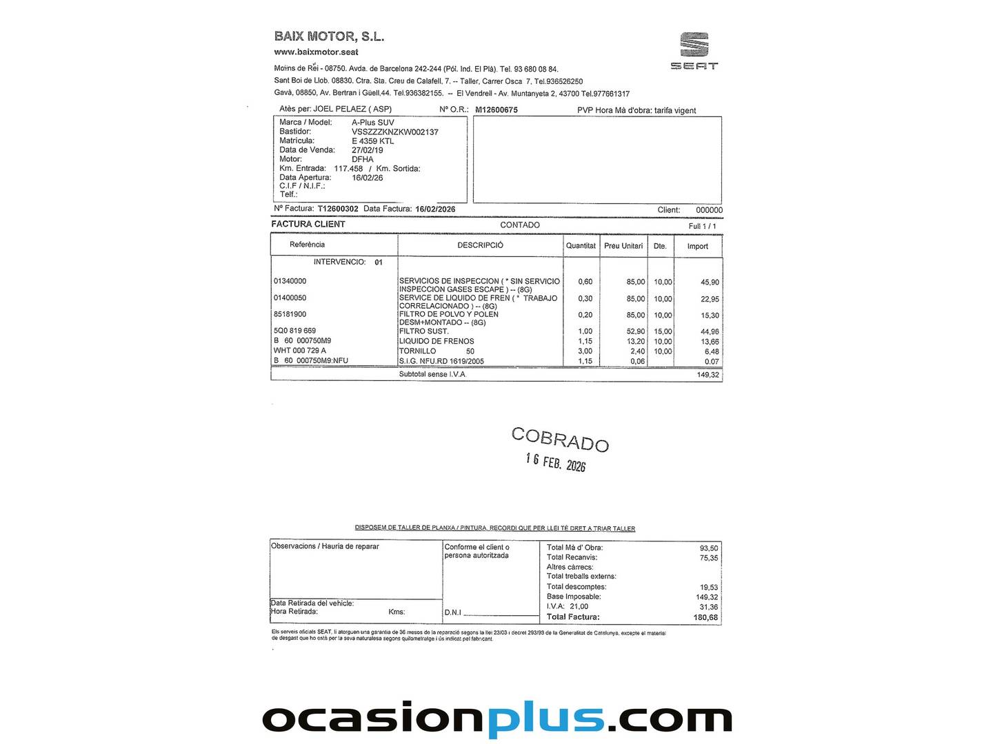Foto del mantenimiento del Seat Tarraco Seat Tarraco 2.0 TDI S&S Xcellence Plus 4Drive DSG (190 CV) 7 Plazas