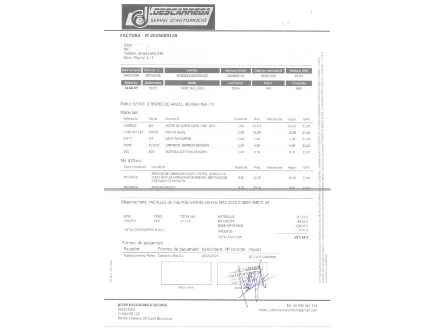 Foto del mantenimiento del Volkswagen T-Roc Volkswagen T-Roc Advance R-Line 1.0 TSI (110 CV)