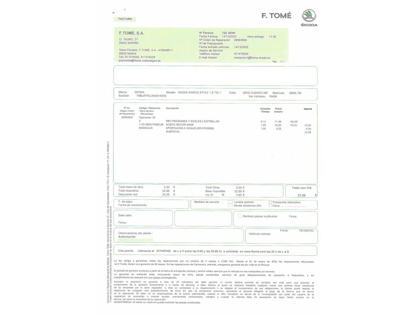 Foto del mantenimiento del Skoda Karoq Skoda Karoq 1.5 TSI ACT Style DSG (150 CV)