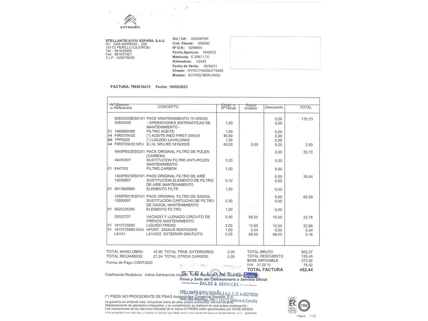 Foto del mantenimiento del Citroën Berlingo Citroën Berlingo Talla M BlueHDi 130 S&S 6v Rip Curl (130 CV)