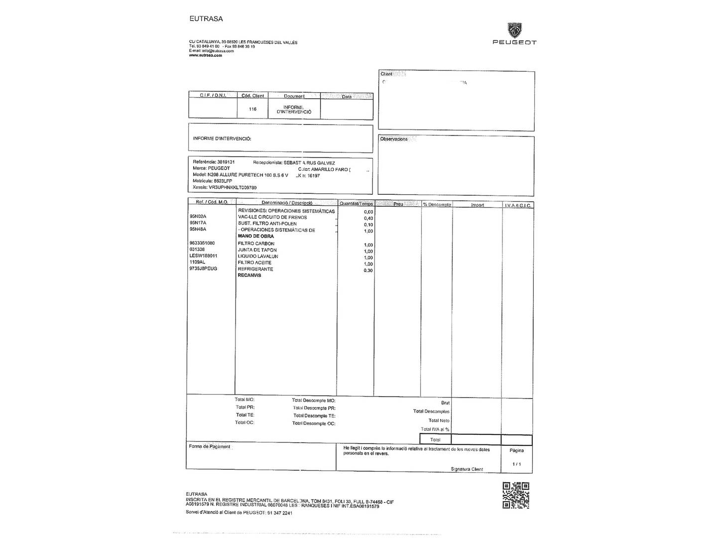 Foto del mantenimiento del Peugeot 208 Peugeot 208 PureTech 100 Allure (100 CV)