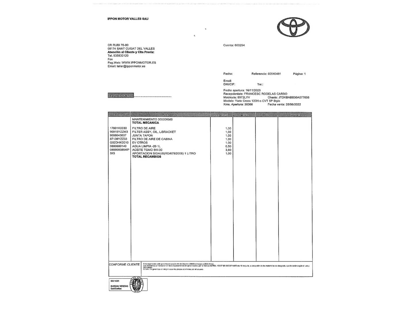 Foto del mantenimiento del Toyota Yaris Cross Toyota Yaris Cross 120H Style Plus (116 CV)