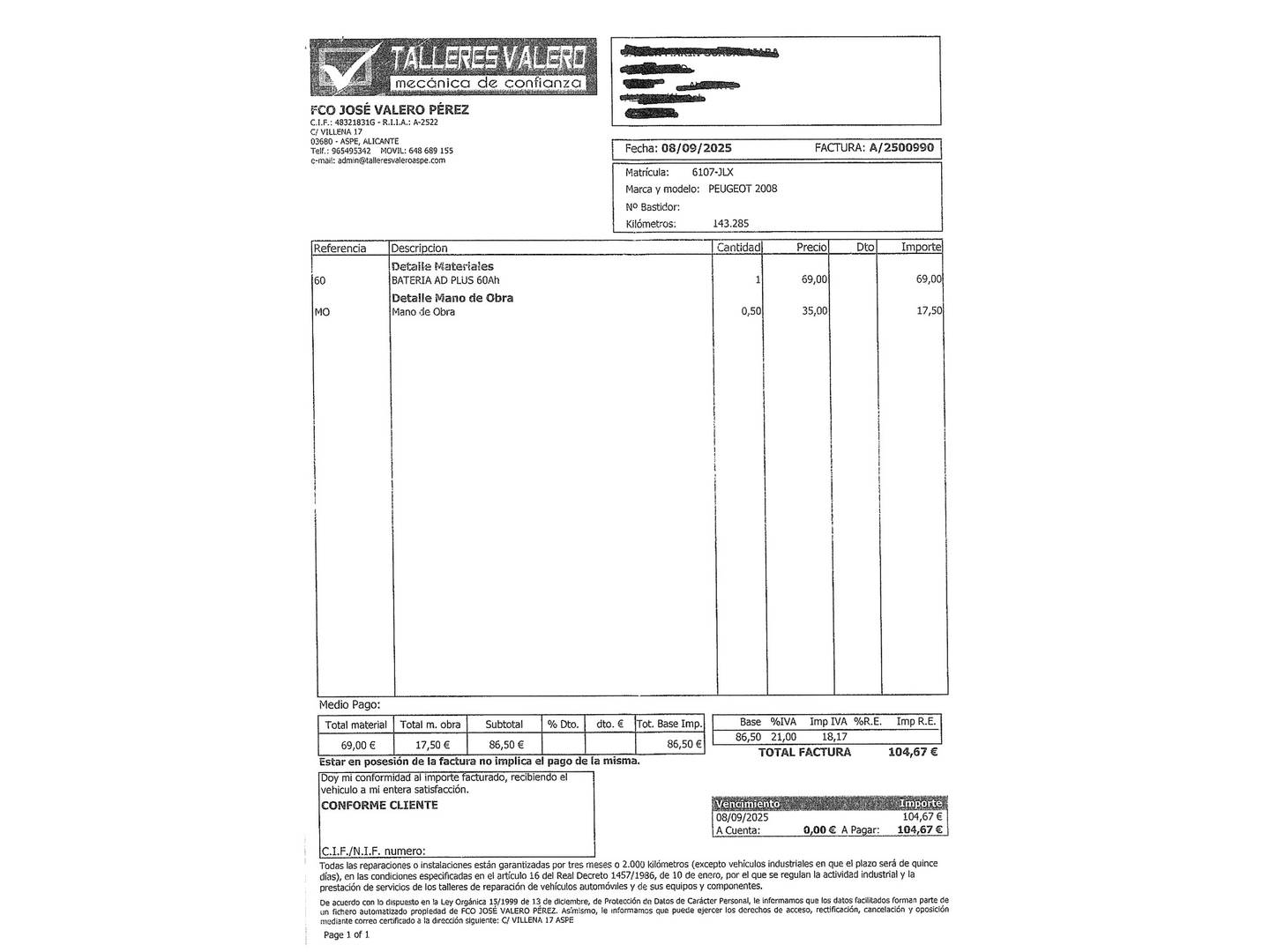 Foto del mantenimiento del Peugeot 2008 Peugeot 2008 BlueHDi 100 Style (100 CV)