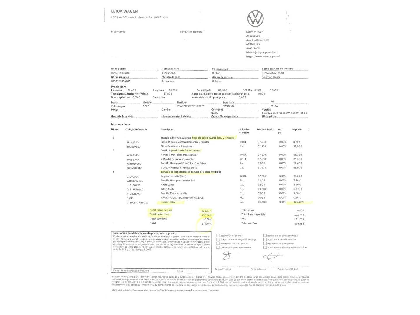 Foto del mantenimiento del Volkswagen Polo Volkswagen Polo Sport 1.0 TSI (115 CV) DSG
