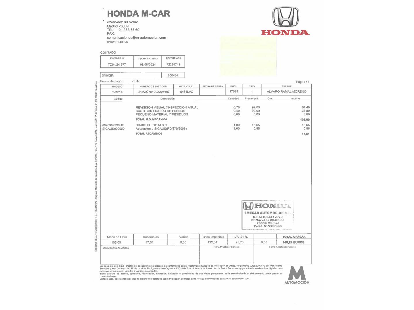 Foto del mantenimiento del Honda Honda e Honda Honda e Advance Llantas 17 (154 CV)