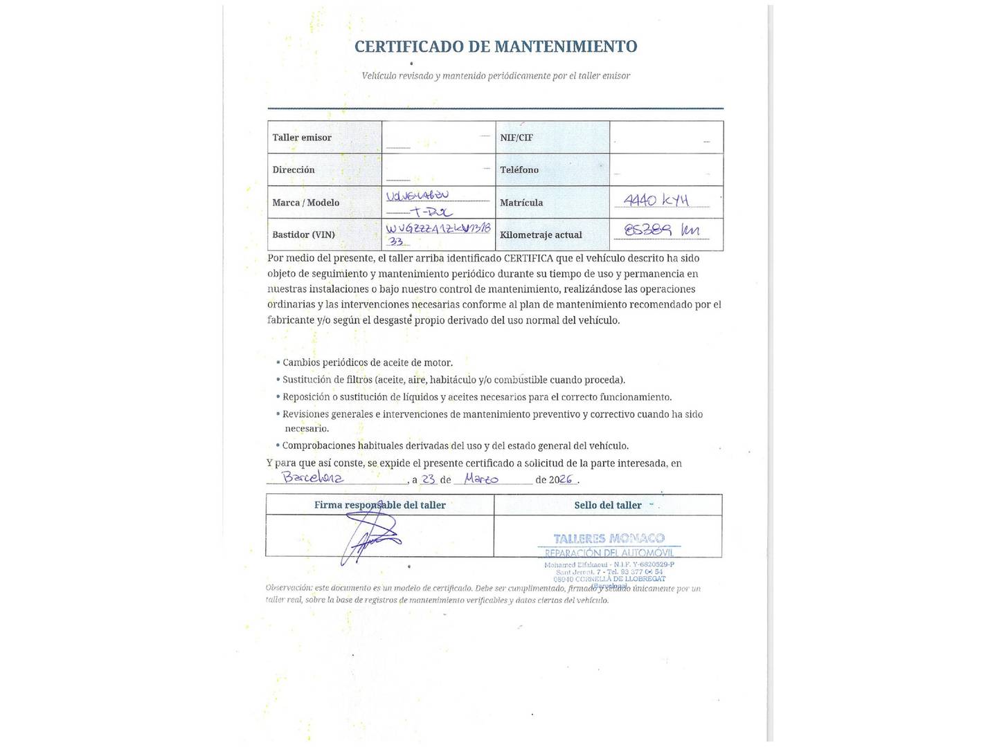 Foto del mantenimiento del Volkswagen T-Roc Volkswagen T-Roc Advance 1.0 TSI (115 CV)