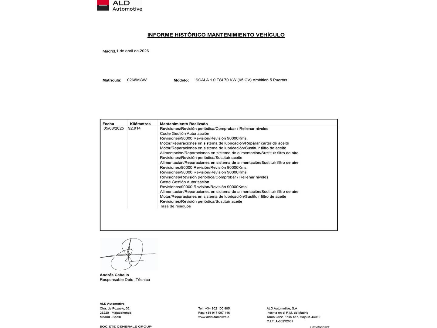 Foto del mantenimiento del Skoda Scala Skoda Scala 1.0 TSI Ambition (95 CV)