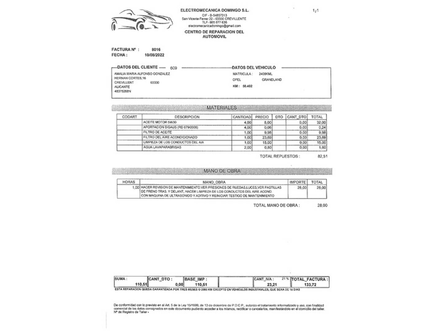 Foto del mantenimiento del Opel Grandland X Opel Grandland X 1.2 Turbo S&S ecoTEC Excellence (130 CV)